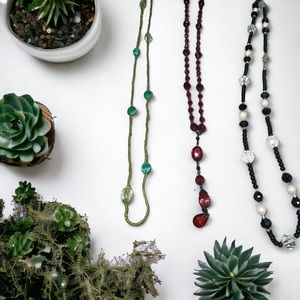 Set of 3 long necklaces beaded red, green and black